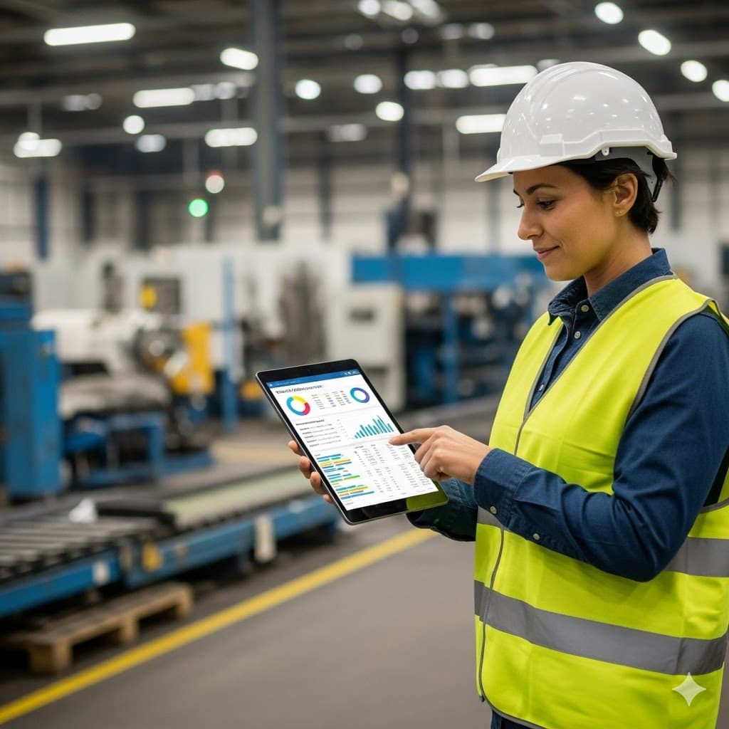 Maintenance planner reviewing weekly maintenance report on computer showing schedule compliance and downtime metrics